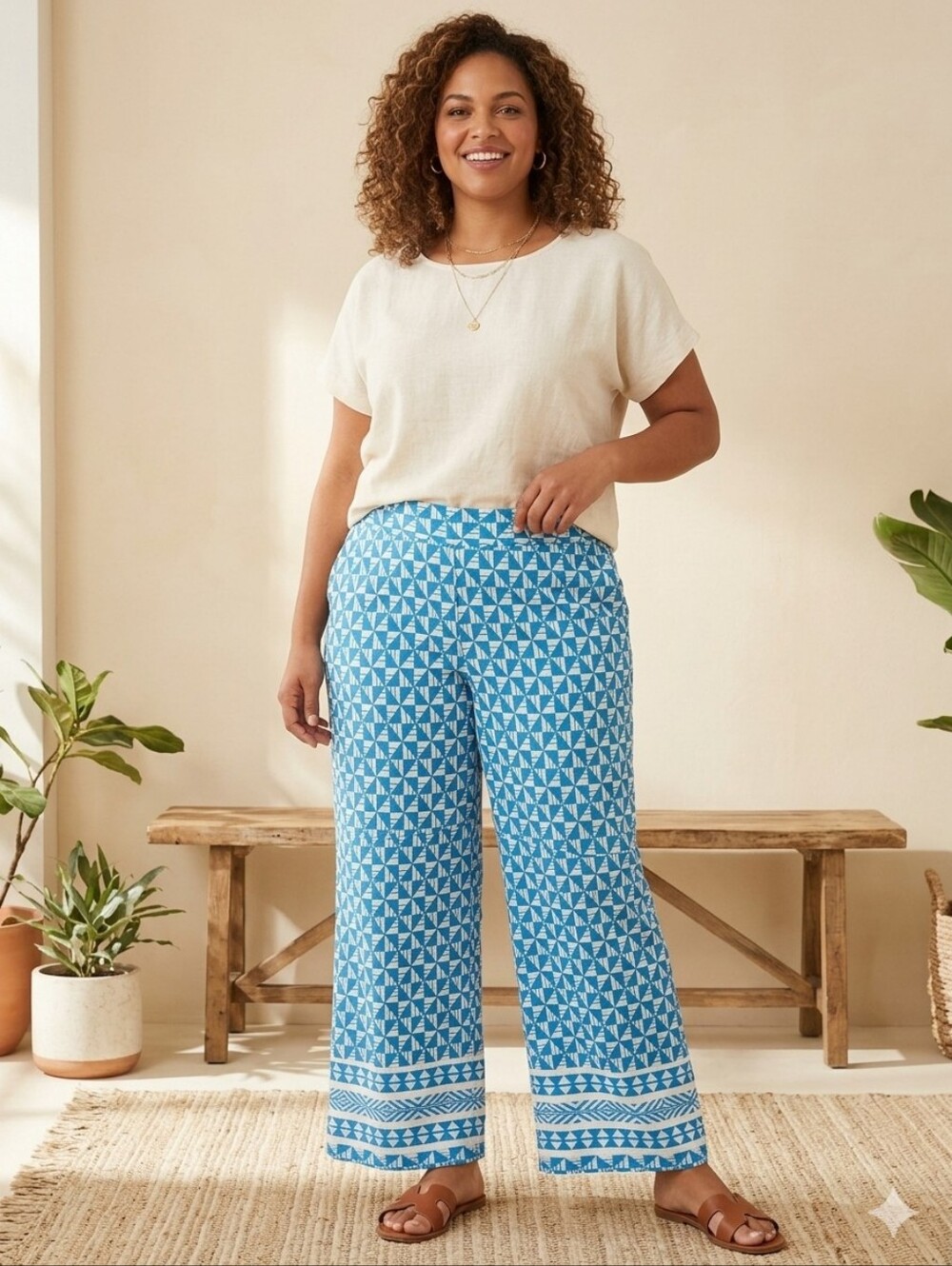Soft Surroundings Narah Wide Leg Palazzo Pant Blue & White Geometric Print 1X